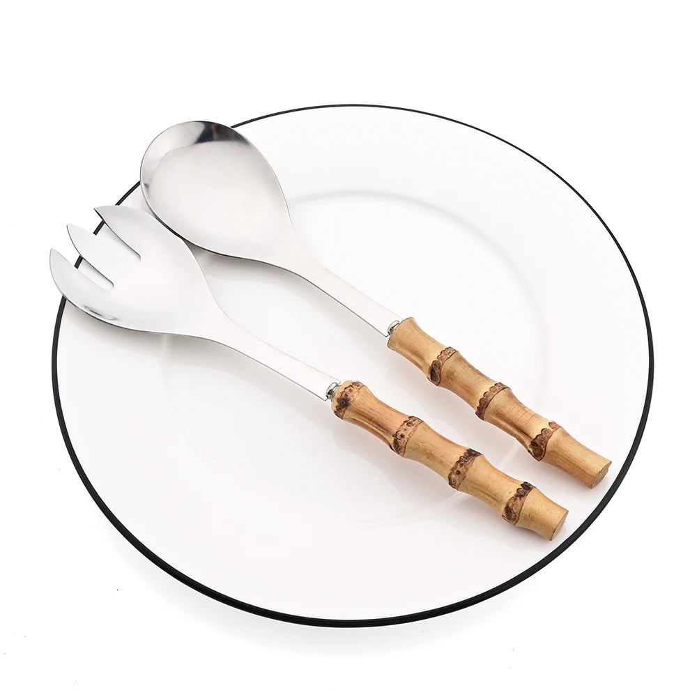 2/4Pcs Long Handle Serving Spoon Fork Bamboo Wooden Handle Salad Spork