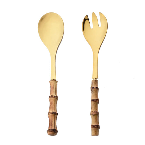 2/4Pcs Long Handle Serving Spoon Fork Bamboo Wooden Handle Salad Spork