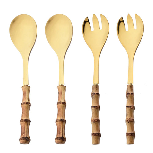 2/4Pcs Long Handle Serving Spoon Fork Bamboo Wooden Handle Salad Spork