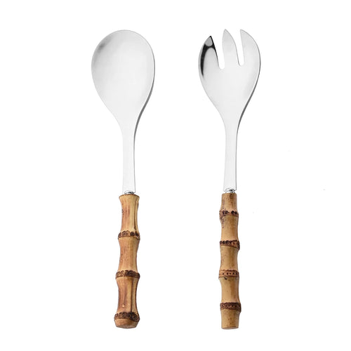 2/4Pcs Long Handle Serving Spoon Fork Bamboo Wooden Handle Salad Spork