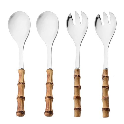 2/4Pcs Long Handle Serving Spoon Fork Bamboo Wooden Handle Salad Spork