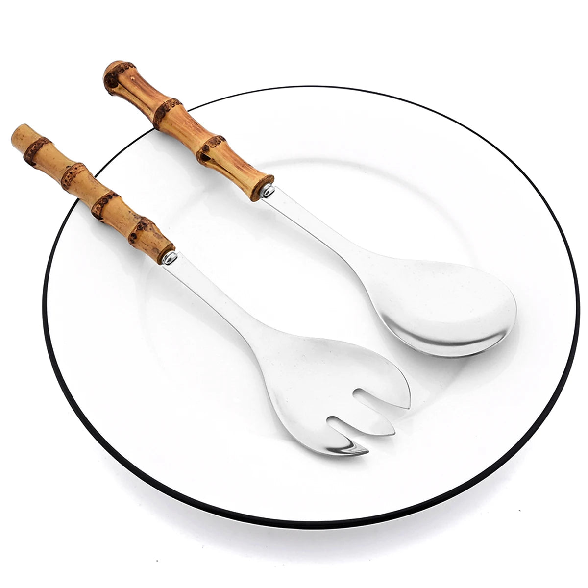 2/4Pcs Long Handle Serving Spoon Fork Bamboo Wooden Handle Salad Spork