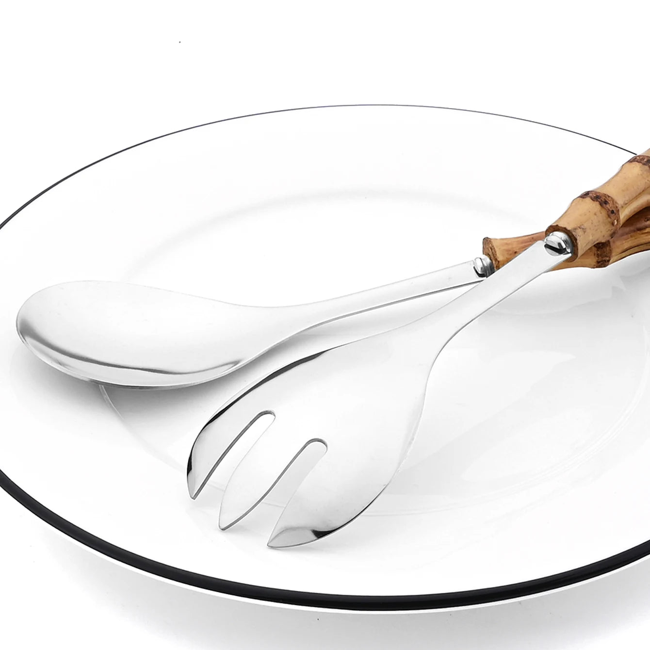 2/4Pcs Long Handle Serving Spoon Fork Bamboo Wooden Handle Salad Spork