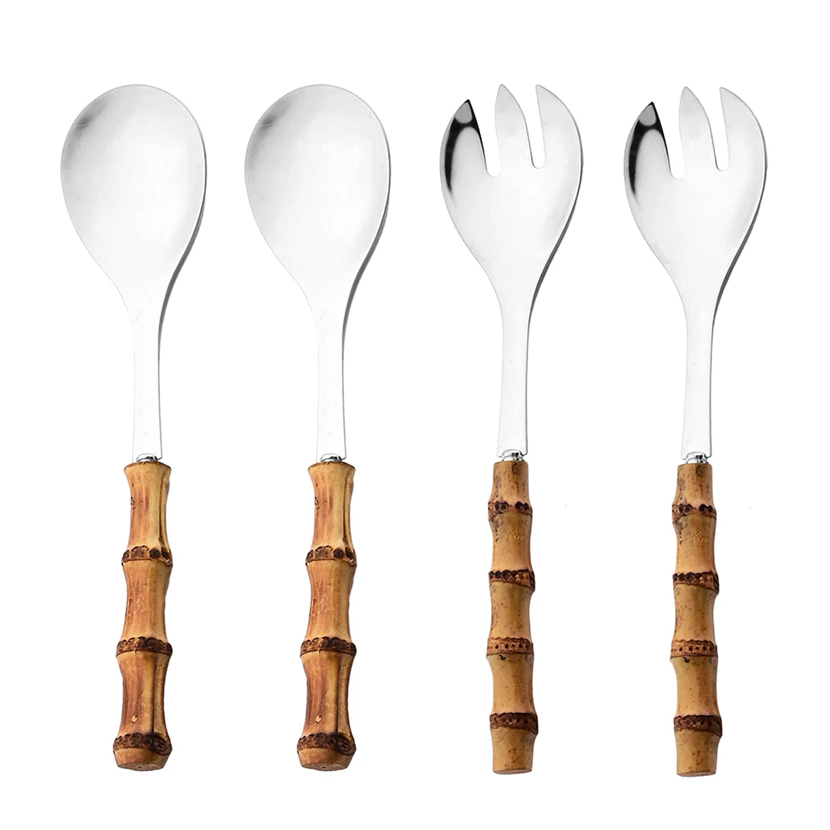 2/4Pcs Long Handle Serving Spoon Fork Bamboo Wooden Handle Salad Spork