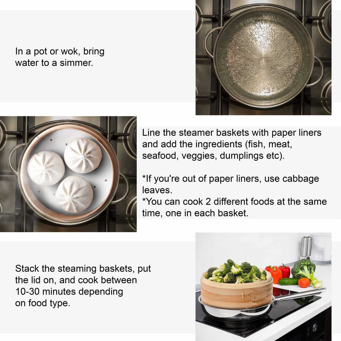 2-Tier Bamboo Steamer for Cooking Dumplings, Vegetables, Meat, Fish