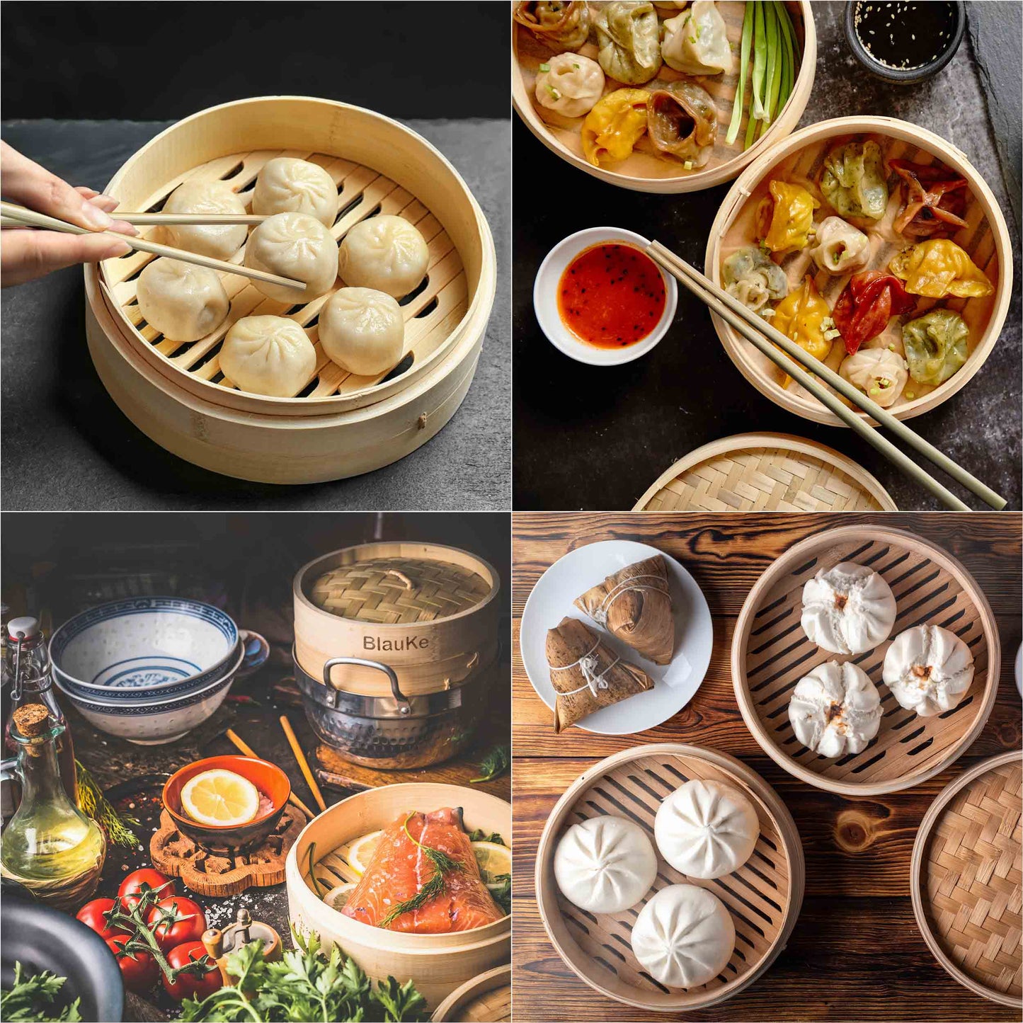 2-Tier Bamboo Steamer for Cooking Dumplings, Vegetables, Meat, Fish