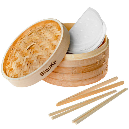 2-Tier Bamboo Steamer for Cooking Dumplings, Vegetables, Meat, Fish