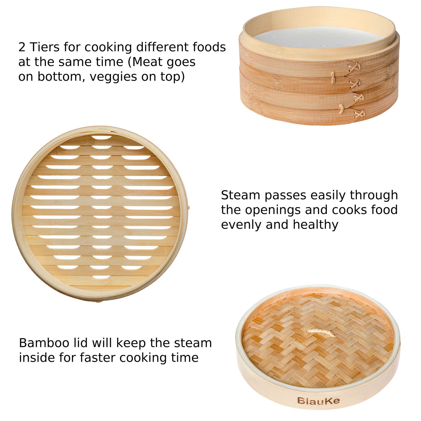 2-Tier Bamboo Steamer for Cooking Dumplings, Vegetables, Meat, Fish